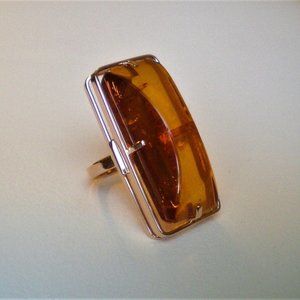 Russian Russia USSR 14K 585 Rose Pink Gold Baltic Honey Amber Cocktail RING